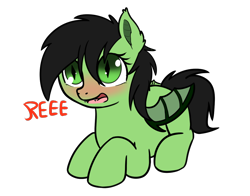 Size: 1220x956 | Tagged: safe, artist:neuro, oc, oc only, oc:anon filly, bat pony, bat ponified, bat wings, blushing, ear fluff, eeee, fangs, female, filly, lying down, open mouth, race swap, reeee, simple background, slit eyes, smiling, species swap, transparent background, wings