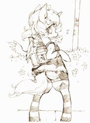 Size: 600x823 | Tagged: safe, artist:toki, princess luna, alicorn, pony, semi-anthro, backpack, bag charm, bipedal, bracelet, camisole, charm, clothes, digital art, flower, jewelry, looking at you, looking back, monochrome, outdoors, pixiv, plot, randoseru, s1 luna, socks, solo, spread wings, standing, striped socks, winged backpack, wings