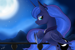 Size: 3000x2000 | Tagged: safe, artist:nobody47, princess luna, alicorn, pony, balcony, cute, looking at you, lunabetes, moon, night, solo, stars, wing fluff