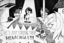 Size: 1791x1200 | Tagged: artist needed, safe, lyra heartstrings, oc, oc:anon filly, earth pony, pony, unicorn, atg 2019, black and white, dialogue, duo, duo female, female, filly, grayscale, hall monitor, hoof hold, lidded eyes, mare, monochrome, newbie artist training grounds, open mouth, ponified, speech bubble, spongebob squarepants, streetlight, traditional art, walkie talkie