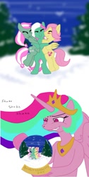 Size: 496x987 | Tagged: safe, fizzy, fluttershy, minty, princess celestia, alicorn, pegasus, pony, g1, g3, bipedal, comic, hug, pinklestia, snow, snowfall