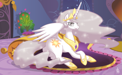 Size: 1375x850 | Tagged: safe, artist:theyaminotenshifox, princess celestia, alicorn, pony, female, horn, mare, princess molestia, solo