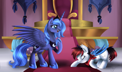 Size: 3860x2306 | Tagged: safe, alternate version, artist:pridark, princess luna, oc, oc:winter blossom, bat pony, pony, bowing, crying, royalty, s1 luna, throne room