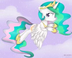 Size: 2300x1842 | Tagged: safe, artist:meotashie, princess celestia, alicorn, pony, cloudsdale, female, flying, mare, profile, sky, solo