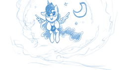 Size: 1280x720 | Tagged: safe, artist:hierozaki, princess luna, alicorn, pony, cute, flying, lunabetes, lunadoodle, monochrome, moon, sketch, solo