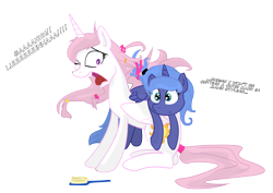 Size: 3508x2480 | Tagged: safe, artist:lunarcakez, princess celestia, princess luna, alicorn, pony, brush, cewestia, cute, fail, filly, hair styling, open mouth, ponies riding ponies, simple background, sitting, tongue out, wide eyes, wink, woona, yelling