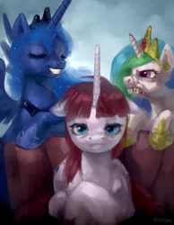 Size: 788x1014 | Tagged: safe, artist:stupjam, princess celestia, princess luna, oc, oc:fausticorn, alicorn, pony, blutarch mann, fangs, grin, parody, redmond mann, team fortress 2, unamused