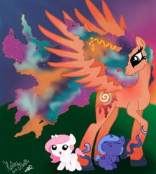 Size: 800x895 | Tagged: safe, artist:noelle914, princess celestia, princess luna, oc, alicorn, pony, foal, twin