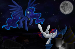 Size: 992x660 | Tagged: safe, artist:ciscoql, princess luna, oc, oc:winter blossom, bat pony, pony, flying, moon