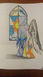 Size: 900x1600 | Tagged: safe, artist:bluesapphire97, princess celestia, princess luna, human, duality, humanized, light skin, photo, stained glass, traditional art