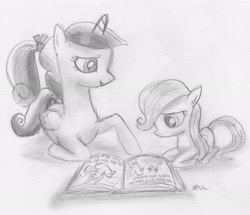 Size: 2307x1988 | Tagged: safe, artist:catscratchpaper, fluttershy, princess cadance, alicorn, pegasus, pony, book, filly, reading