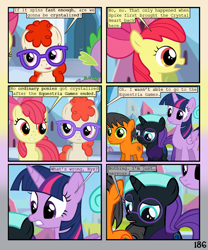 Size: 900x1080 | Tagged: safe, artist:lister-of-smeg, apple bloom, twilight sparkle, twilight sparkle (alicorn), twist, oc, oc:lazybug, oc:nyx, alicorn, earth pony, pony, comic:crystal heart attack, colt, male