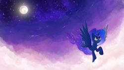 Size: 1920x1080 | Tagged: safe, artist:repoisn, princess luna, alicorn, pony, cloud, flying, moon, sky, smiling, solo, stars