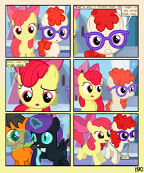 Size: 900x1080 | Tagged: safe, artist:lister-of-smeg, apple bloom, twist, oc, oc:lazybug, oc:nyx, alicorn, earth pony, pony, comic:crystal heart attack, colt, glasses, magic, male