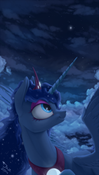 Size: 1080x1919 | Tagged: safe, artist:1jaz, princess luna, alicorn, pony, bust, cloud, cloudy, looking up, night, solo