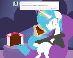 Size: 1000x800 | Tagged: safe, artist:frostedwarlock, princess celestia, alicorn, pony, ask, astronaut mike dexter, cake, celestia replies, hearts and hooves day, solo, tumblr