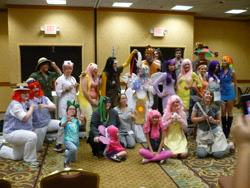 Size: 3072x2304 | Tagged: artist needed, safe, applejack, derpy hooves, discord, flam, flim, fluttershy, pinkie pie, princess celestia, rainbow dash, rarity, twilight sparkle, human, convention, cosplay, group photo, irl, irl human, mane six, photo, st. louis crystal fair