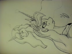 Size: 2592x1936 | Tagged: safe, artist:mythicaljazz, princess celestia, princess luna, alicorn, pony, monochrome, traditional art