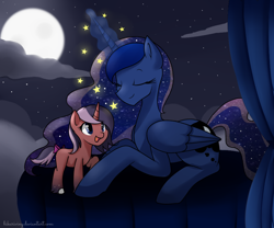 Size: 878x730 | Tagged: safe, artist:hikariviny, princess luna, oc, oc:amaris, alicorn, pony, unicorn, adopted offspring, eyes closed, filly, missing accessory, moon, night, open mouth, parent:princess luna, prone, raised hoof, sky, smiling, stars, tail bow, unshorn fetlocks