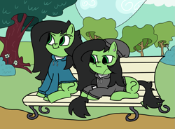 Size: 1555x1142 | Tagged: safe, artist:anonymous, oc, oc:anon filly, earth pony, pony, /mlpol/, bench, bloomer, clothes, cute, doomer, female, filly, frown, hat, hoodie, looking up, meme, park, sitting, tree