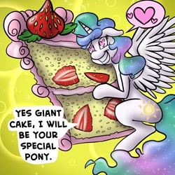 Size: 1280x1280 | Tagged: safe, artist:fauxsquared, princess celestia, alicorn, pony, cake, cakelestia, food, heart, heart eyes, solo, strawberry, tumblr:it's always sunny in canterlot, wingding eyes