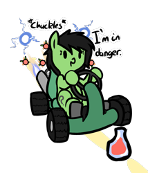 Size: 889x1040 | Tagged: safe, artist:cutelewds, oc, oc:anon filly, beaker, blue fire, crash team racing, female, filly, fire, kart, meme, missile, racing, text