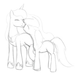 Size: 694x670 | Tagged: safe, artist:scouthiro, derpy hooves, princess luna, alicorn, pegasus, pony, female, lesbian, love, lunaderp, mare, monochrome, shipping, sketch