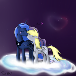 Size: 1500x1500 | Tagged: safe, artist:scouthiro, derpy hooves, princess luna, alicorn, pegasus, pony, cloud, female, heart, lesbian, love, lunaderp, mare, night, shipping, sky