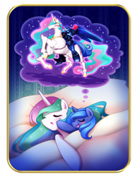 Size: 900x1158 | Tagged: safe, artist:chinpui, princess celestia, princess luna, alicorn, pony, robot, cute, dream, filly, fuunsaiki, g gundam, gundam, master gundam, mecha, pixiv, royal sisters, sleeping, woona