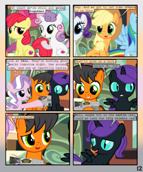 Size: 900x1080 | Tagged: safe, artist:lister-of-smeg, apple bloom, applejack, diamond tiara, rainbow dash, rarity, sweetie belle, oc, oc:lazybug, oc:nyx, alicorn, earth pony, pegasus, pony, unicorn, comic:horkosworks, colt, comic, male