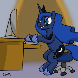 Size: 1000x1000 | Tagged: safe, artist:gamesadict, princess luna, alicorn, pony, bucktooth, chair, computer, counter-strike, desk, frown, gamer luna, glare, hoof hold, sitting, solo