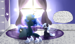 Size: 1024x606 | Tagged: safe, artist:phaerie-flie, princess luna, oc, oc:celia, alicorn, changeling, hybrid, pony, crepuscular rays, excited, eyes closed, fangs, missing accessory, prone, sitting, smiling, speech bubble, sun, window