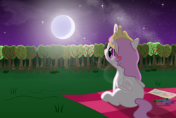 Size: 2252x1505 | Tagged: safe, artist:arvaus, princess celestia, alicorn, pony, apple, apple tree, cewestia, crayon, drawing, filly, moon, night, orchard, sitting, sky, smiling, solo, stars, tree