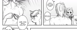 Size: 1773x700 | Tagged: safe, artist:plotcore, oc, oc:anon, oc:nyx, alicorn, human, pony, alicorn oc, comic, dialogue, drawthread, female, filly, grayscale, human male, male, monochrome, ponified, speech bubble