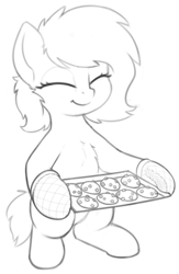 Size: 526x805 | Tagged: safe, artist:smoldix, oc, oc only, oc:anon filly, earth pony, pony, bipedal, chest fluff, cookie, cute, eyes closed, female, filly, food, hoof hold, ocbetes, oven mitts, simple background, sketch, smiling, solo, tray, white background
