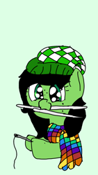 Size: 1440x2560 | Tagged: safe, artist:scotch, oc, oc:anon filly, pony, clothes, cute, female, filly, hat, knitting needles, rainbow, scarf, sewing needle