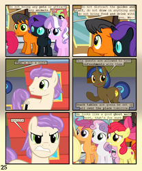 Size: 900x1080 | Tagged: safe, artist:lister-of-smeg, apple bloom, diamond tiara, scootaloo, sweetie belle, tree hugger, oc, oc:jumping bean, oc:lazybug, oc:nyx, oc:trailblazer (lister-of-smeg), alicorn, earth pony, pony, unicorn, comic:horkosworks, angry, colt, cutie mark crusaders, male, stallion