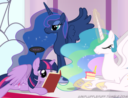 Size: 650x500 | Tagged: safe, artist:mixermike622, princess celestia, princess luna, twilight sparkle, twilight sparkle (alicorn), alicorn, pony, book, cake, female, mare, missing accessory, reading