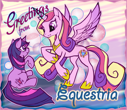 Size: 1044x901 | Tagged: safe, artist:opallene, princess cadance, twilight sparkle, alicorn, pony, unicorn, postcard