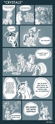 Size: 994x2220 | Tagged: dead source, safe, artist:derkrazykraut, applejack, fluttershy, pinkie pie, princess cadance, rainbow dash, rarity, twilight sparkle, alicorn, earth pony, pegasus, pony, unicorn, the crystal empire, spoiler:s03, comic, crystal empire, grenade launcher, gun, injured, mane six, shotgun