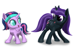 Size: 1600x1057 | Tagged: safe, artist:vasillium, twilight sparkle, twilight sparkle (alicorn), oc, oc:nyx, alicorn, pony, alicorn oc, and do a little shake, clothes, cutie mark, daughter, eye slits, family, female, filly, happy, headband, mare, mother, mother and child, mother and daughter, nostrils, open mouth, palette swap, parent and child, recolor, royalty, shadow, simple background, standing, transparent background