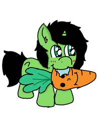 Size: 1440x1657 | Tagged: safe, artist:scotch, oc, oc:anon filly, pony, unicorn, blushing, carrot, cute, drool, female, filly, food, plushie, simple background, small, smiling, transparent background, unicorn oc