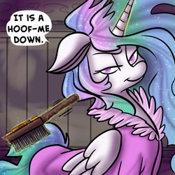 Size: 1280x1280 | Tagged: safe, artist:fauxsquared, princess celestia, alicorn, pony, bed mane, bedroom eyes, brush, clothes, magic, messy mane, robe, solo, tumblr:it's always sunny in canterlot