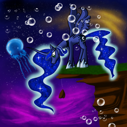 Size: 1000x1000 | Tagged: safe, artist:solarpaintdragon, princess luna, alicorn, jellyfish, pony, bubble, solo