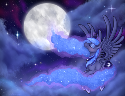 Size: 962x743 | Tagged: safe, artist:ambunny, princess luna, alicorn, pony, cloud, cloudy, eyes closed, full moon, moon, night, solo, spread wings, windswept mane