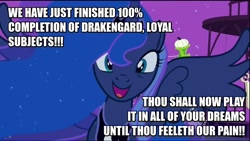 Size: 1280x720 | Tagged: safe, princess luna, alicorn, pony, 100% completion, drakengard, gamer luna, gaming, image macro, meme, solo, text edit