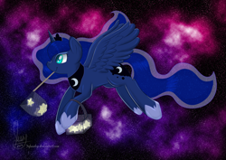 Size: 1024x726 | Tagged: safe, artist:tofuudog, princess luna, alicorn, pony, mouth hold, net, solo, stars