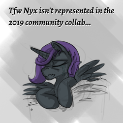 Size: 1080x1080 | Tagged: safe, artist:bigrigs, edit, editor:apex soundwave, oc, oc only, oc:nyx, alicorn, pony, alicorn oc, caption, crying, image macro, solo, text, tfw