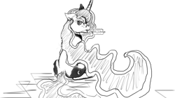 Size: 1280x720 | Tagged: safe, artist:hierozaki, princess luna, alicorn, pony, eating, lunadoodle, monochrome, plot, sandwich, solo