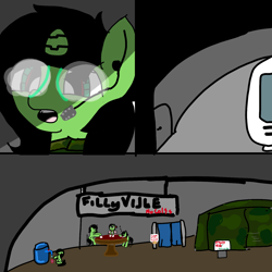 Size: 1440x1440 | Tagged: safe, artist:scotch, oc, oc:anon filly, pony, robot, robot pony, baby, baby pony, card game, comic, diaper, dystopia, female, filly, futuristic, highchair, tent, train